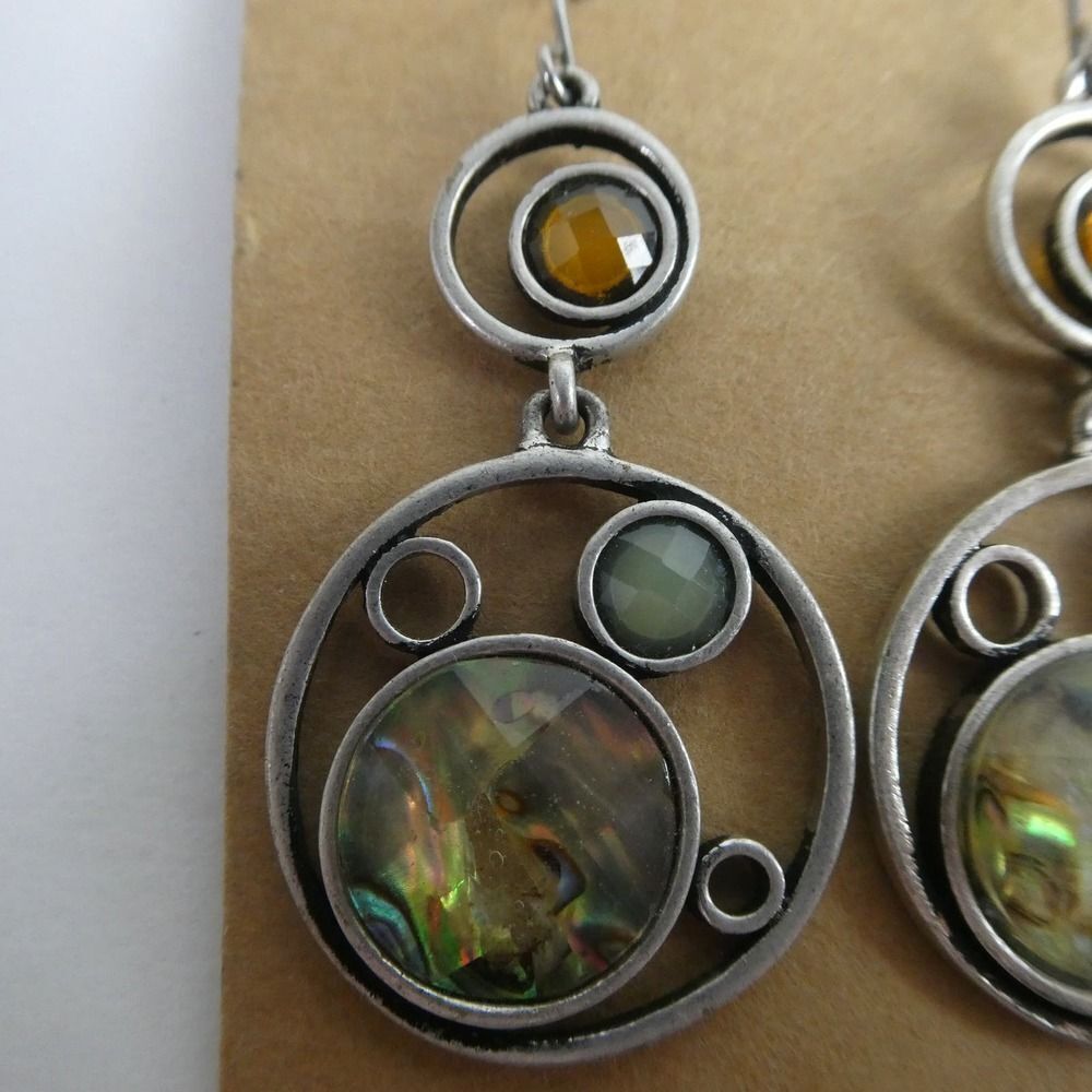 Silver Tone Abalone Shell Rhinestone Jeweled Dang… - image 2